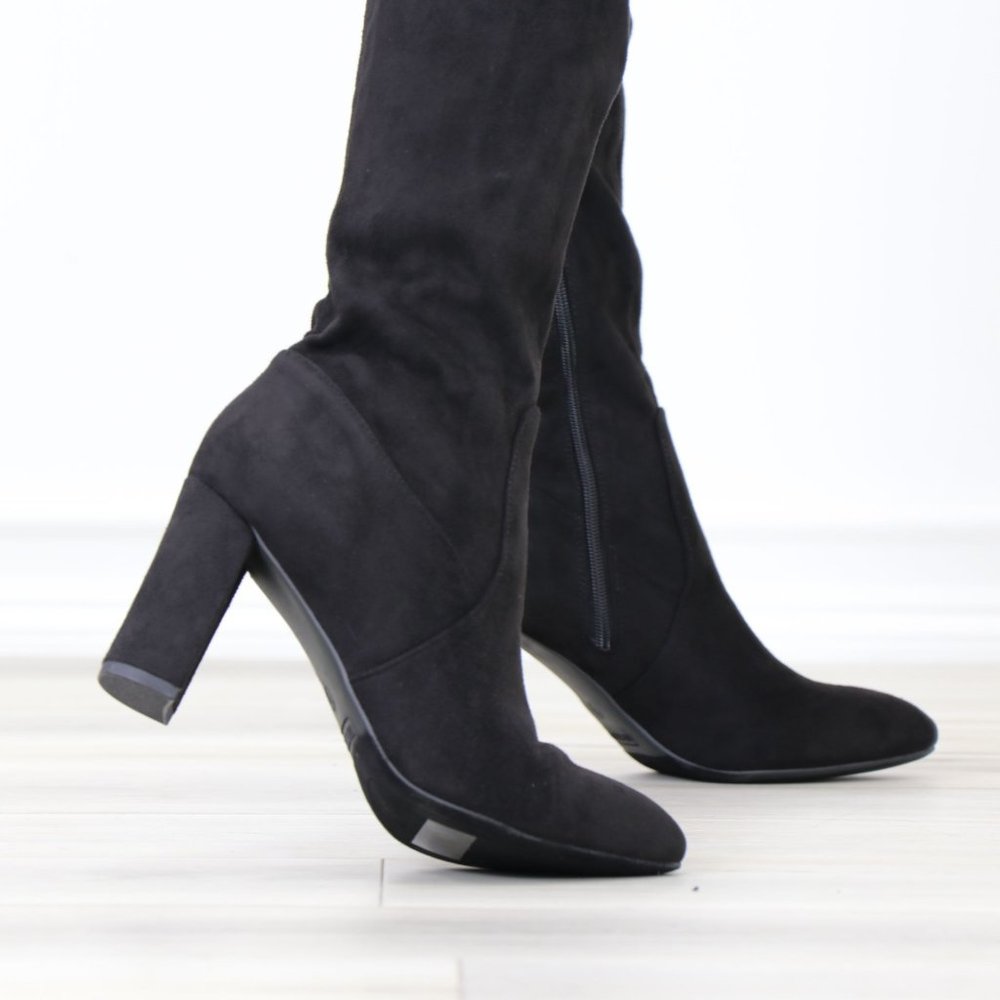 Pointy Toe Black Faux Suede Thigh High Over The Knee Block High Heel Boots - Picture 6 of 15